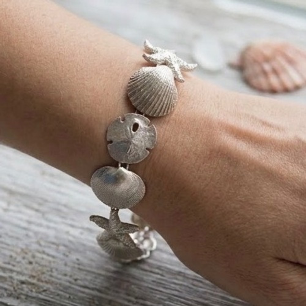 Vintage De-Ani 925 Sterling Silver Sea Life Link Bracelet Sand Dollar Starfish